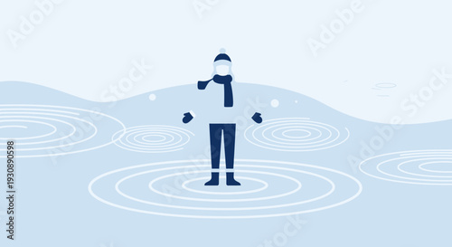 Minimalist Winter Character Standing On Ice With Swirls