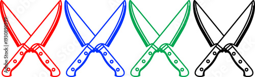 Set of two crossed utility knives in red blue green and black outline illustration