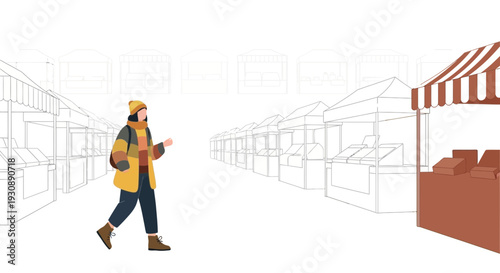 Modern Flat Style Illustration Of A Person At A Vibrant Outdoor Market