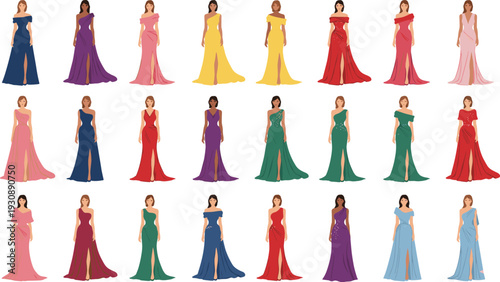 Elegant collection of diverse women wearing colorful evening gowns and formal dresses isolated on white background vector fashion illustration set