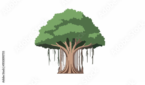 Minimal banyan tree vector illustration old tropical tree isolated on white background
