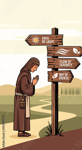 Monk Contemplating Spiritual Journey at a Crossroads Signpost