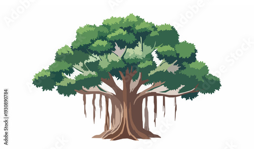 Big banyan tree vector illustration with aerial roots old tropical tree isolated on white