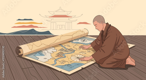 Monk Studies Ancient Map Navigating Spiritual Journey And Discovering Wisdom