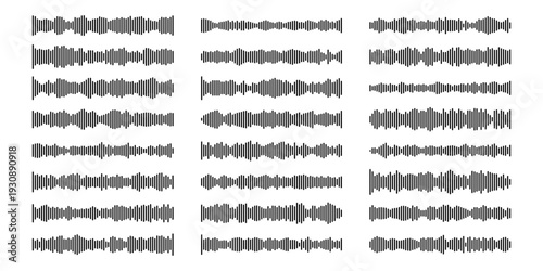 Podcast waveform icon with audio frequency lines and soundwave pattern. Modern vector design of podcast equalizer graphic for music player, radio broadcast or voice recording interface on white