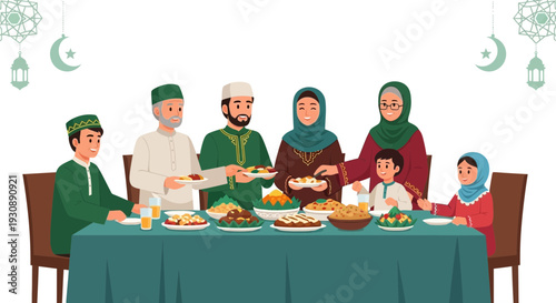 Multi-Generational Islamic Family Enjoying a Festive Meal Together