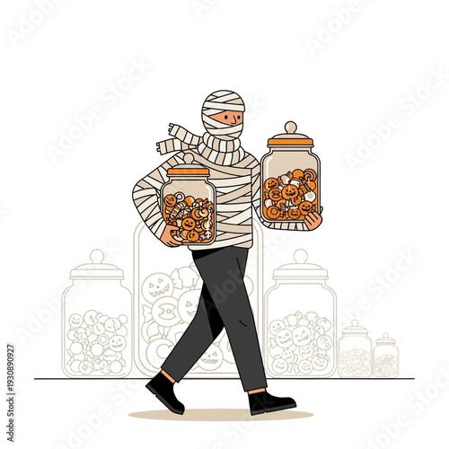 Mummy Holding Jars Filled With Smiley Faces, Walking Forward, Isolated On White Background