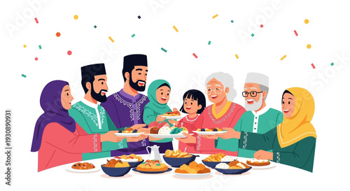 Multi-Generational Muslim Family Enjoying Festive Meal Together With Delicious Food