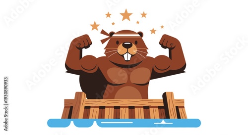 Muscular Beaver Flexes Biceps Showing Strength And Determination For Sports
