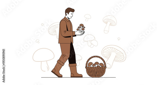 Mushroom Forager in Brown Attire with a Basket Amidst Fungi Illustrations