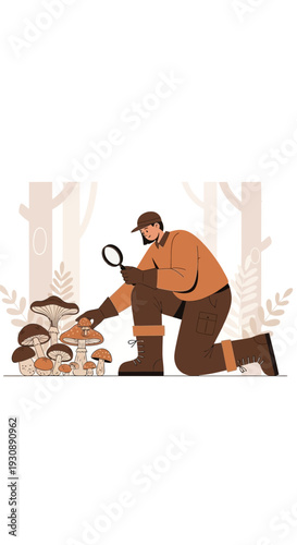 Mushroom Enthusiast Examining Fungi in Forest: Botanical Exploration and Illustration