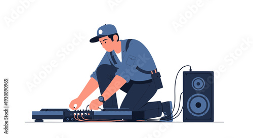 Music Engineer Adjusting Audio Equipment with Speaker Connected, Professional Design