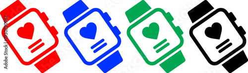 Smartwatch icon set with heart rate monitor, wearable tech for health tracking concept