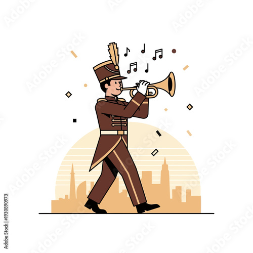 Musician In Uniform Playing Brass Instrument During City Parade
