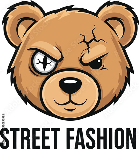 Grumpy cartoon teddy bear head logo with broken eye and 'STREET FASHION'.