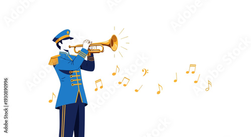 Musician In Uniform Playing Trumpet With Musical Notes Illustration