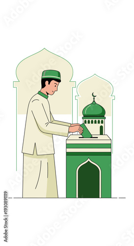 Muslim Man Donating To Mosque: Illustration Depicting Religious Charity And Generosity
