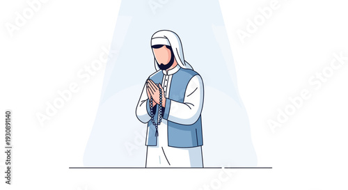 Muslim Man Praying With Prayer Beads Minimalist Islamic Illustration