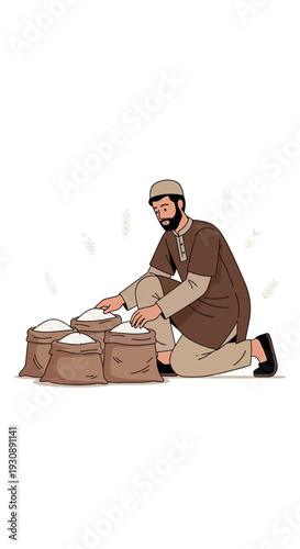 Muslim Man Harvesting Grains From Sacks With Care And Dedication