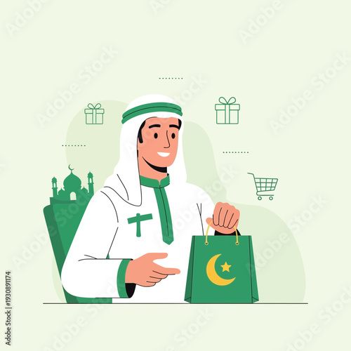 Muslim Man Shopping With Festive Bags And Mosque Background Illustration
