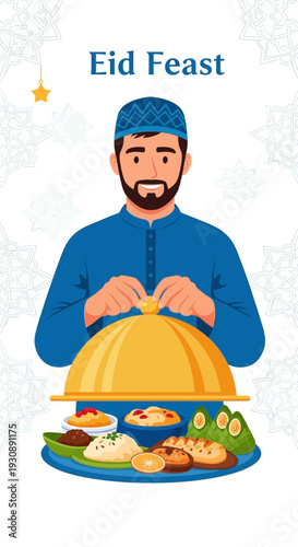 Muslim Man Serves Delicious Eid Feast Food Presentation Festive Celebration Meal