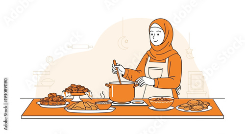 Muslim Woman Cooking Traditional Food For Iftar During Ramadan Celebration
