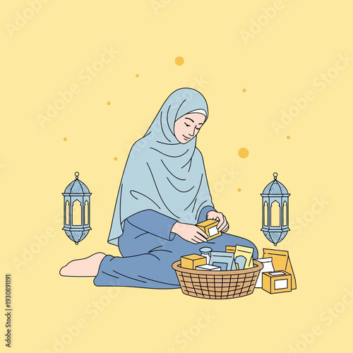 Muslim Woman Arranging Ramadan Food Basket For Charity Generous Giving
