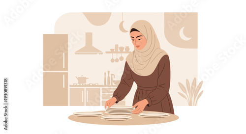 Muslim Woman Preparing The Table In The Kitchen For A Family Dinner Everyday Life