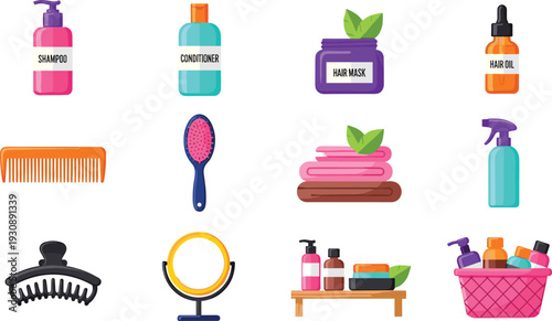 Flat lay hair care and beauty accessories set with shampoo, conditioner, hair mask, oil, comb, brush, mirror and styling tools