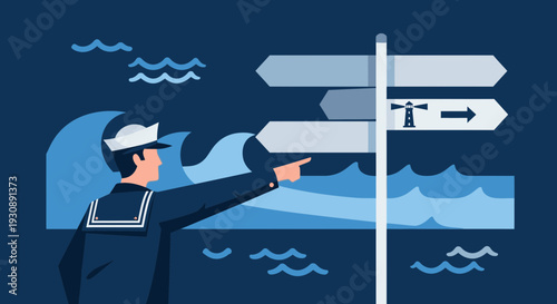 Navigational Signpost At Sea With Sailor Pointing Direction