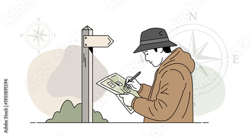 Navigator Studying Map At Signpost With Compass Background Illustration
