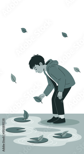Observant Young Person Analyzing Floating Leaves on Water, Capturing Moment of Contemplation
