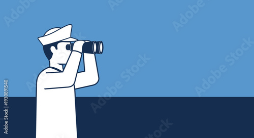 Observant Mariner Scanning Horizons With Binoculars Modern Flat Illustration Style