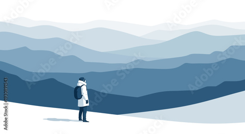Observer Stands Before Panoramic Mountain Vista in Shades of Blue Contemplation