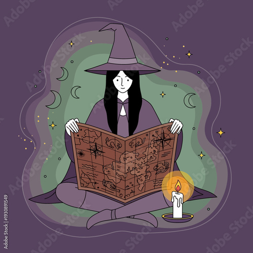 Mystical Witch Studying Ancient Parchment Map Under Candle Light
