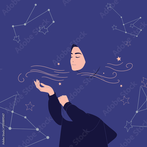 Mystical Woman Gazing At Constellations Under A Starry Night Sky