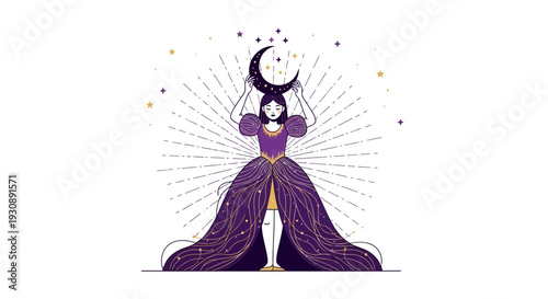Mystical Woman Holding Crescent Moon Amidst Cosmic Rays