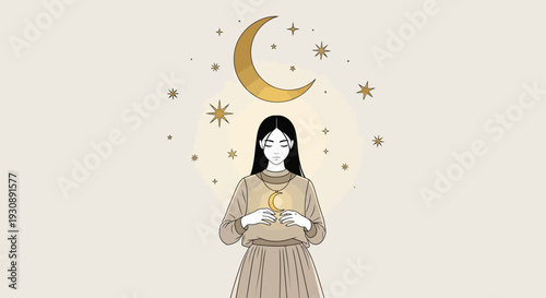 Mystical Woman Holding Crescent Moon Under Celestial Sky