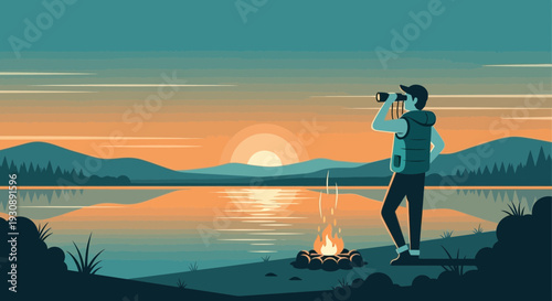 Observing Nature: A Hiker Gazing at a Scenic Sunset Over a Serene Lake in Wilderness