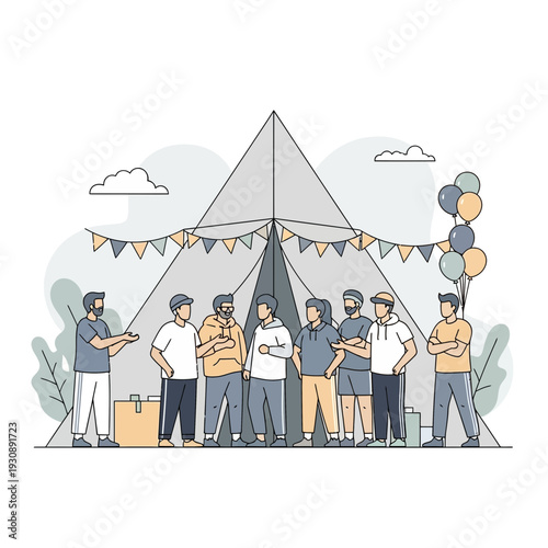 Outdoor Group Gathering Under A Large Tent With Festive Decorations