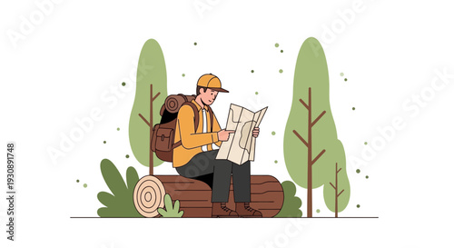 Outdoor Navigation Adventure Character Sitting On Log Examining Map Illustration