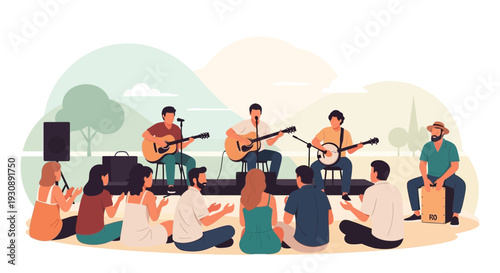 Outdoor Music Performance with Diverse Audience Enjoying Acoustic Set