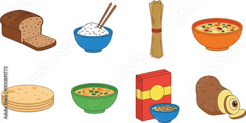 Global Staple Foods Vector Illustration Set Featuring Bread, Rice, Pasta, Soup, Cereal, Flatbread and Root Vegetables in Flat Design Style
