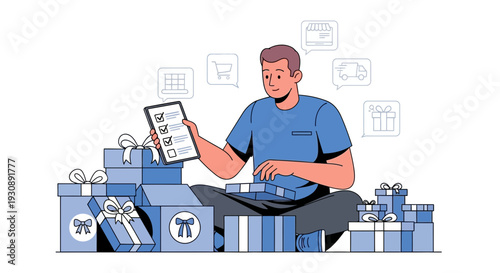 Online Shopping Checklist Man Surrounded By Gift Boxes