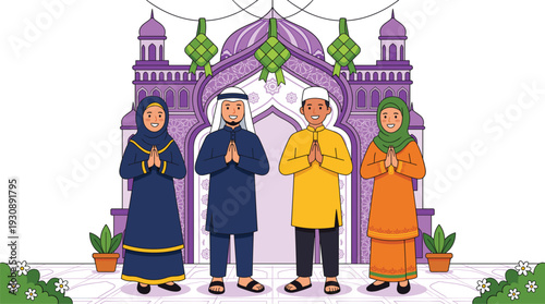 Diverse Muslim Friends Greeting in Front of a Grand Purple Mosque with Traditional Ketupat Decorations for Eid Mubarak and Ramadan Celebration