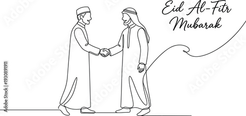 Eid Al-Fitr Mubarak Greeting Card with Continuous Single Line Art of Two Men Handshaking in Traditional Arabic Dress for Islamic Holiday Celebration