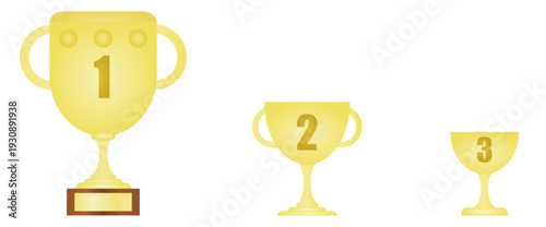 Ilustración de copas o trofeos dorados de primero, segundo y tercer lugar. Vector color con estilo caricatura. Icono de deportes para competencia, torneos, app, folleto, sitio web y otros.