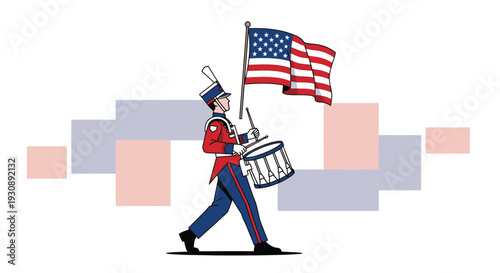 Patriotic Drummer With American Flag Leads A Festive Marching Band Display