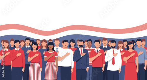 Patriotic Citizens Pledge Allegiance With Hands Over Hearts In Unity