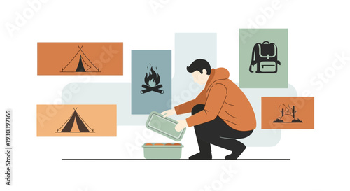 Outdoor Adventure Preparation And Camping Meal Packing Illustration